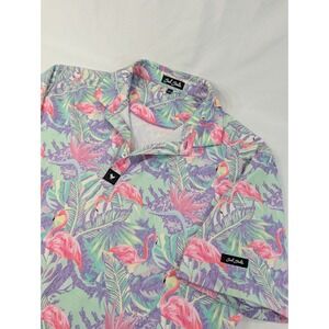 Bad Birdie Polo Shirt Mens Large Blue Green Flamingo Tropical Golf Performance